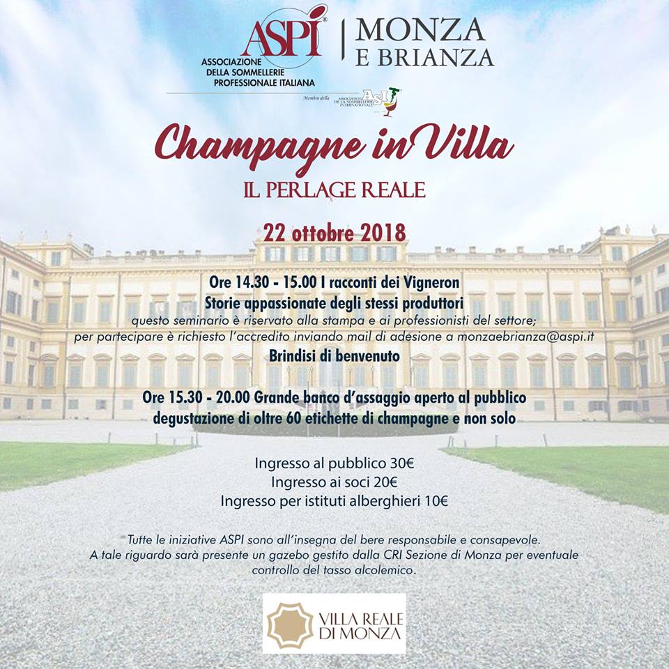 Alla Reggia di Monza, i grandi assaggi di Aspi: «Champagne in villa. Il perlage reale»