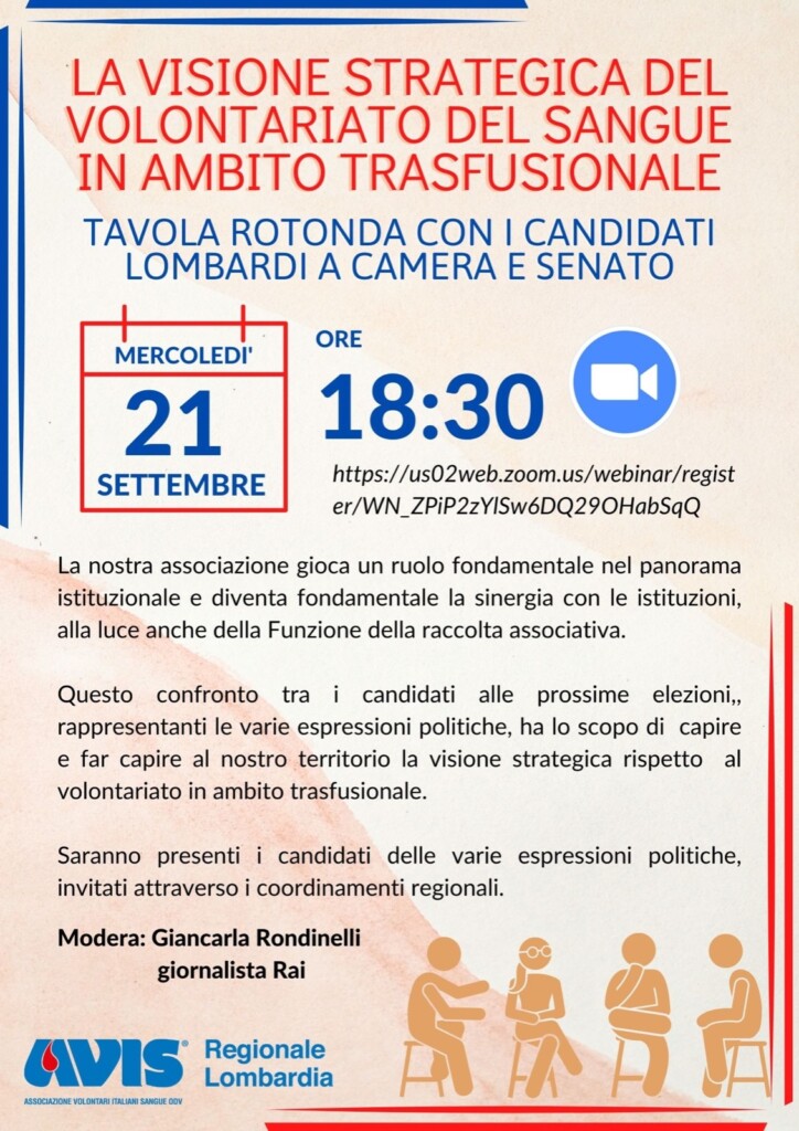 Avis Regionale Lombardia invita alla tavola rotonda “La visione strategica del volontariato del sangue in ambito trasfusionale” con i candidati lombardi a Camera e Senato