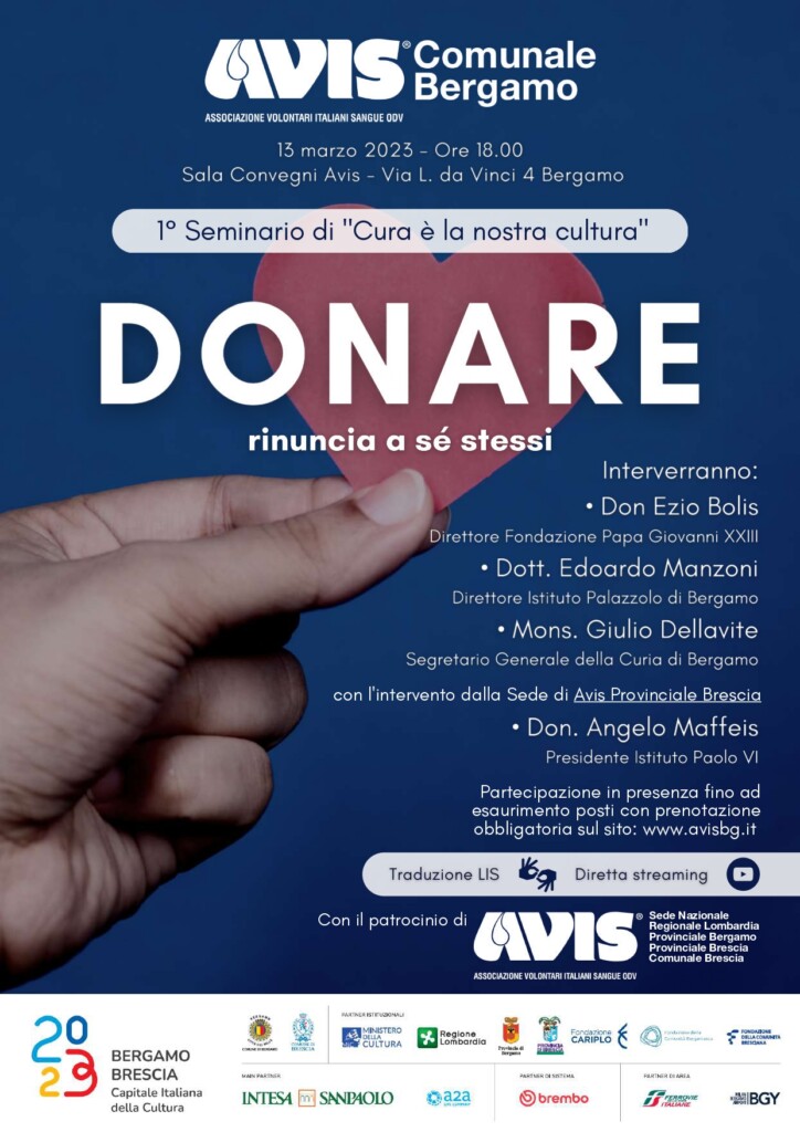 Avis Comunale Bergamo invita al seminario “Donare: rinuncia a sé stessi”